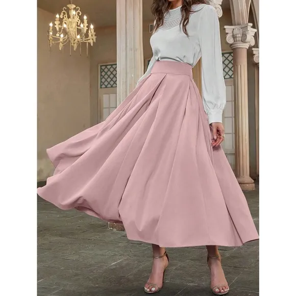 High Waist Pleated Detail Flare midi Skirt business casual navy blue