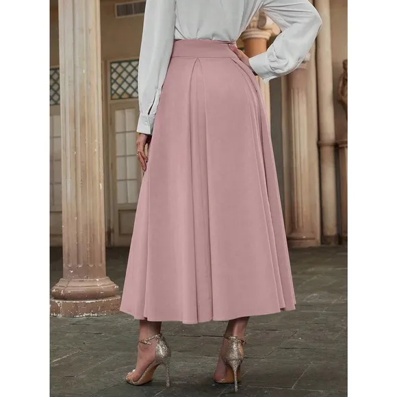High Waist Pleated Detail Flare midi Skirt business casual navy blue