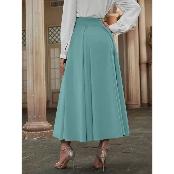 High Waist Pleated Detail Flare midi Skirt business casual navy blue