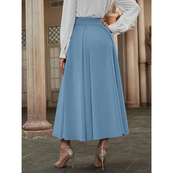High Waist Pleated Detail Flare midi Skirt business casual navy blue