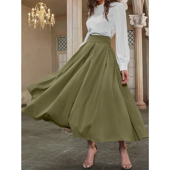 High Waist Pleated Detail Flare midi Skirt business casual navy blue
