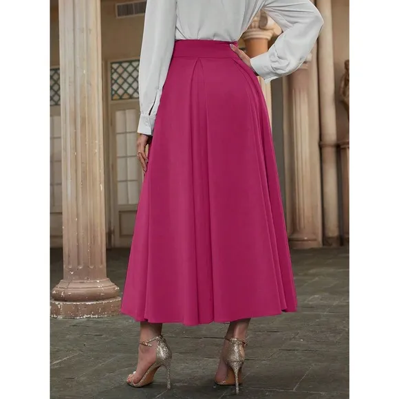 High Waist Pleated Detail Flare midi Skirt business casual navy blue