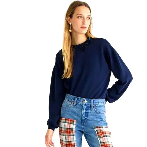 J.Crew Navy Crewneck Sweatshirt Crystal Sequin Embellished Collar Collar Size M