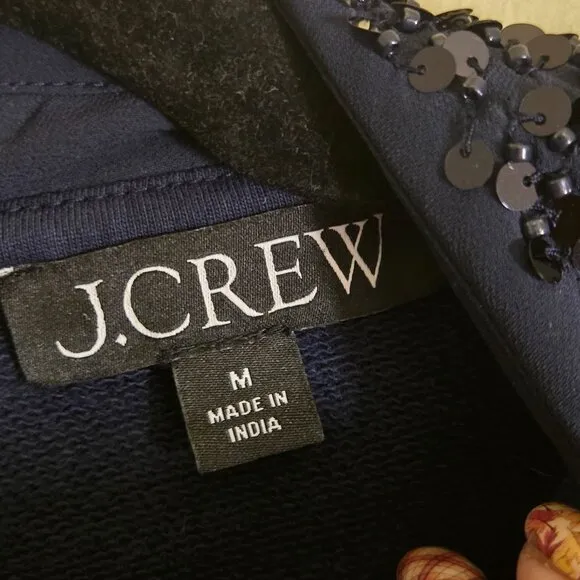 J.Crew Navy Crewneck Sweatshirt Crystal Sequin Embellished Collar Collar Size M