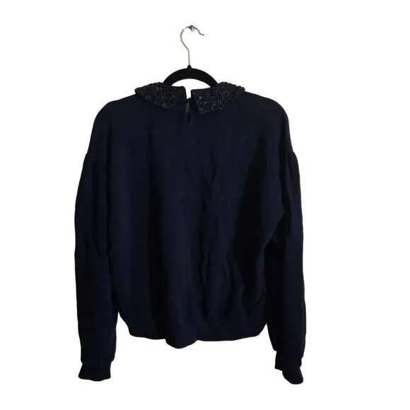 J.Crew Navy Crewneck Sweatshirt Crystal Sequin Embellished Collar Collar Size M