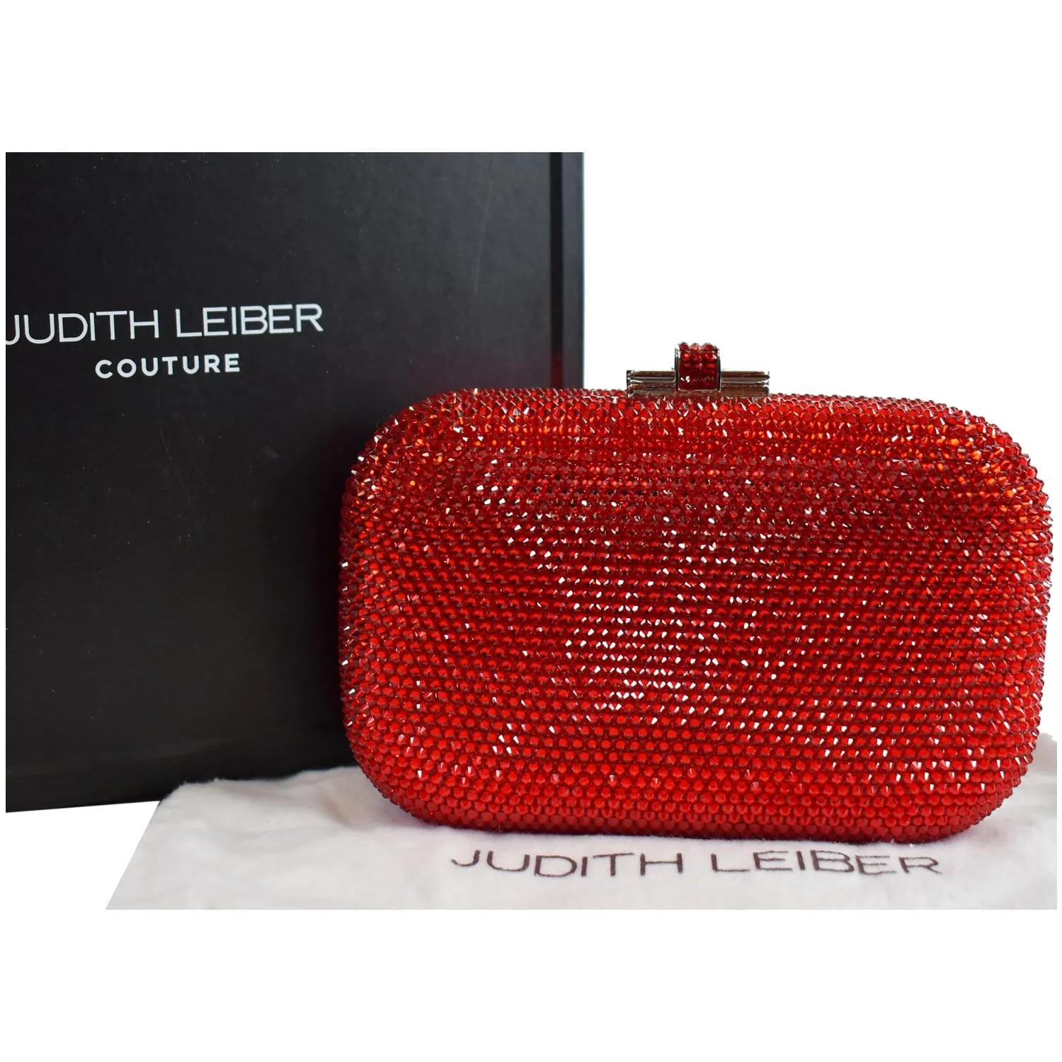 JUDITH LEIBER Slide Lock Crystal Chain Clutch Bag Red
