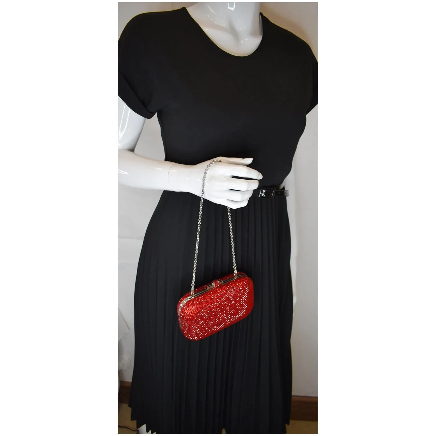 JUDITH LEIBER Slide Lock Crystal Chain Clutch Bag Red