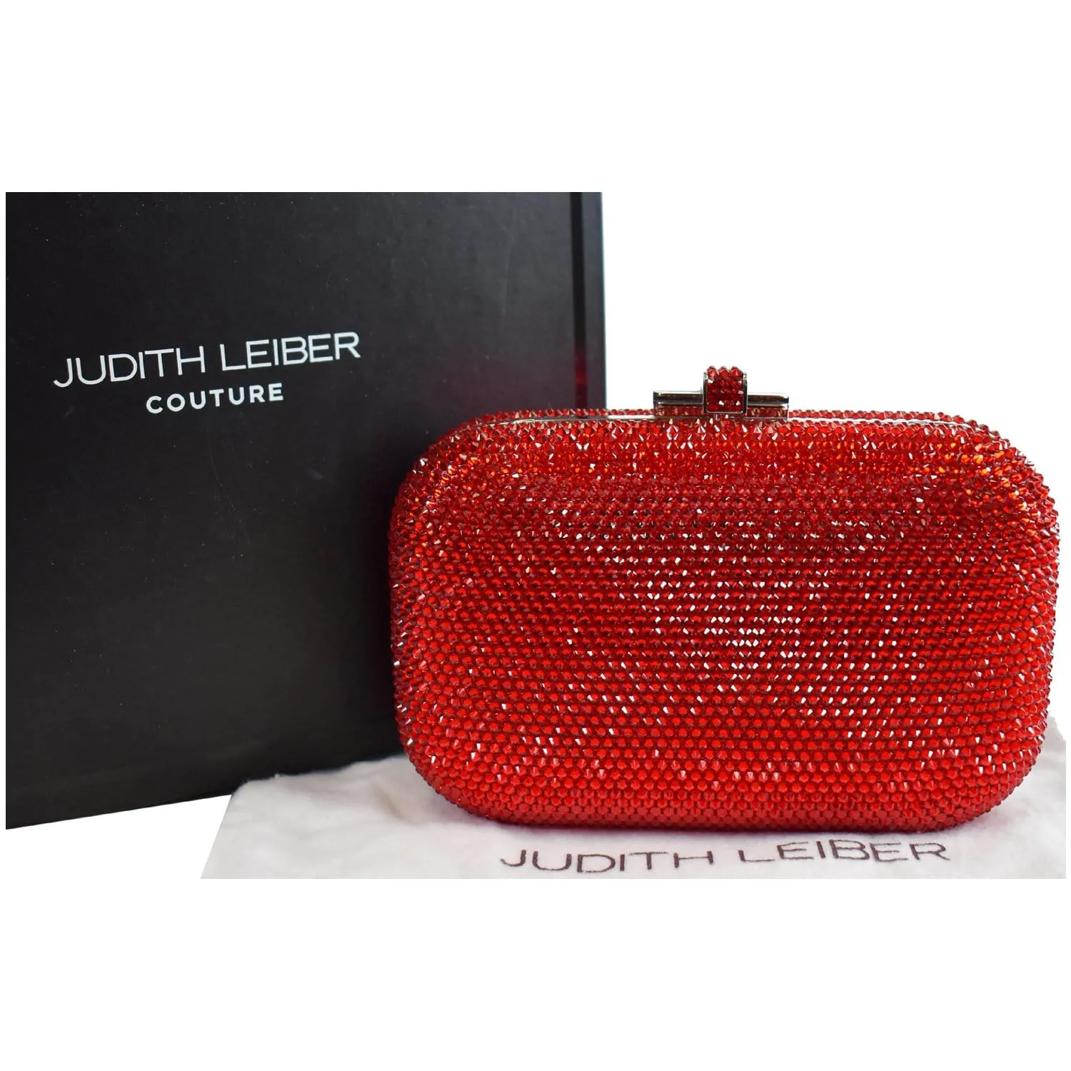 JUDITH LEIBER Slide Lock Crystal Chain Clutch Bag Red
