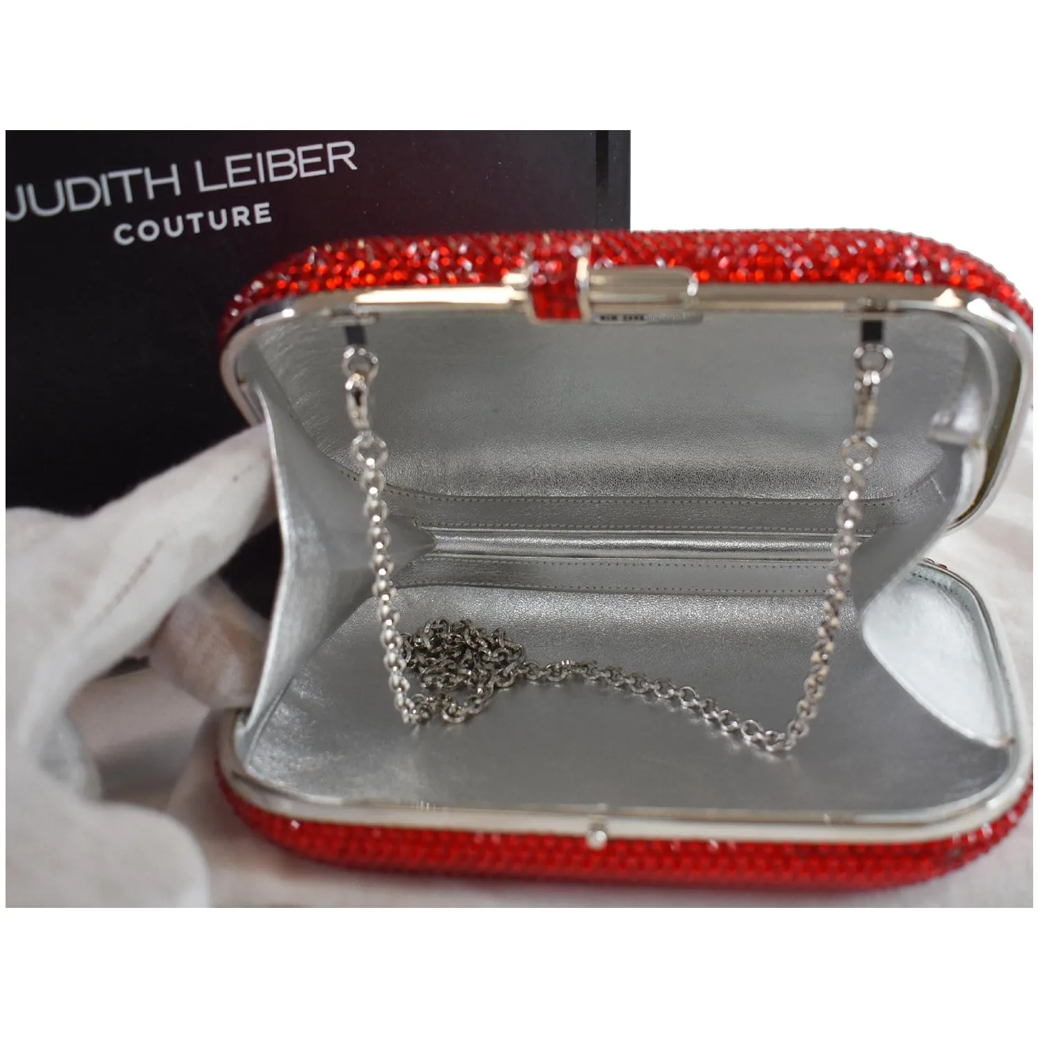 JUDITH LEIBER Slide Lock Crystal Chain Clutch Bag Red