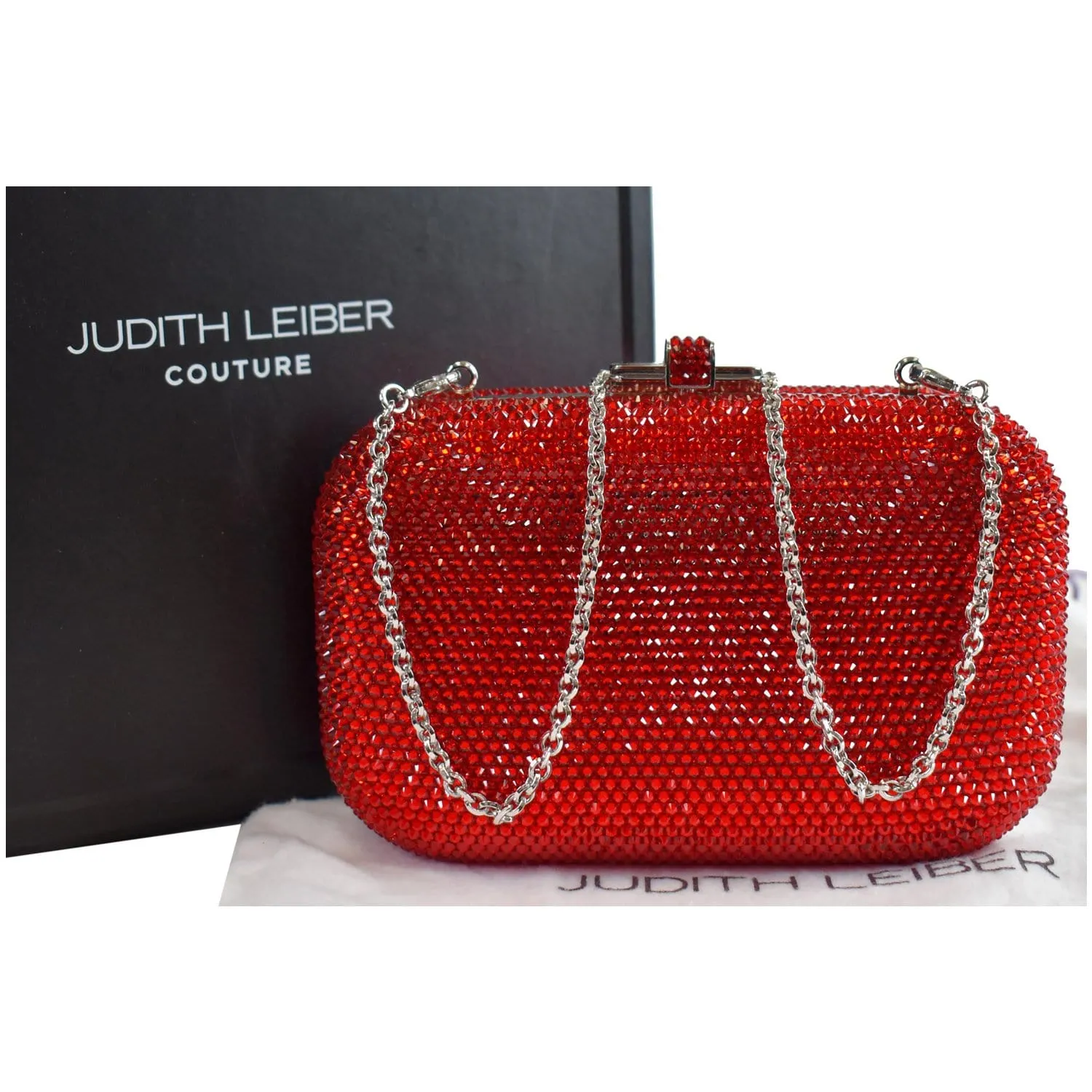 JUDITH LEIBER Slide Lock Crystal Chain Clutch Bag Red