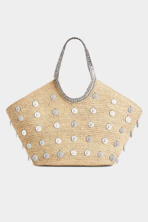 Large Embellished Raffia Tote Bag in Natural