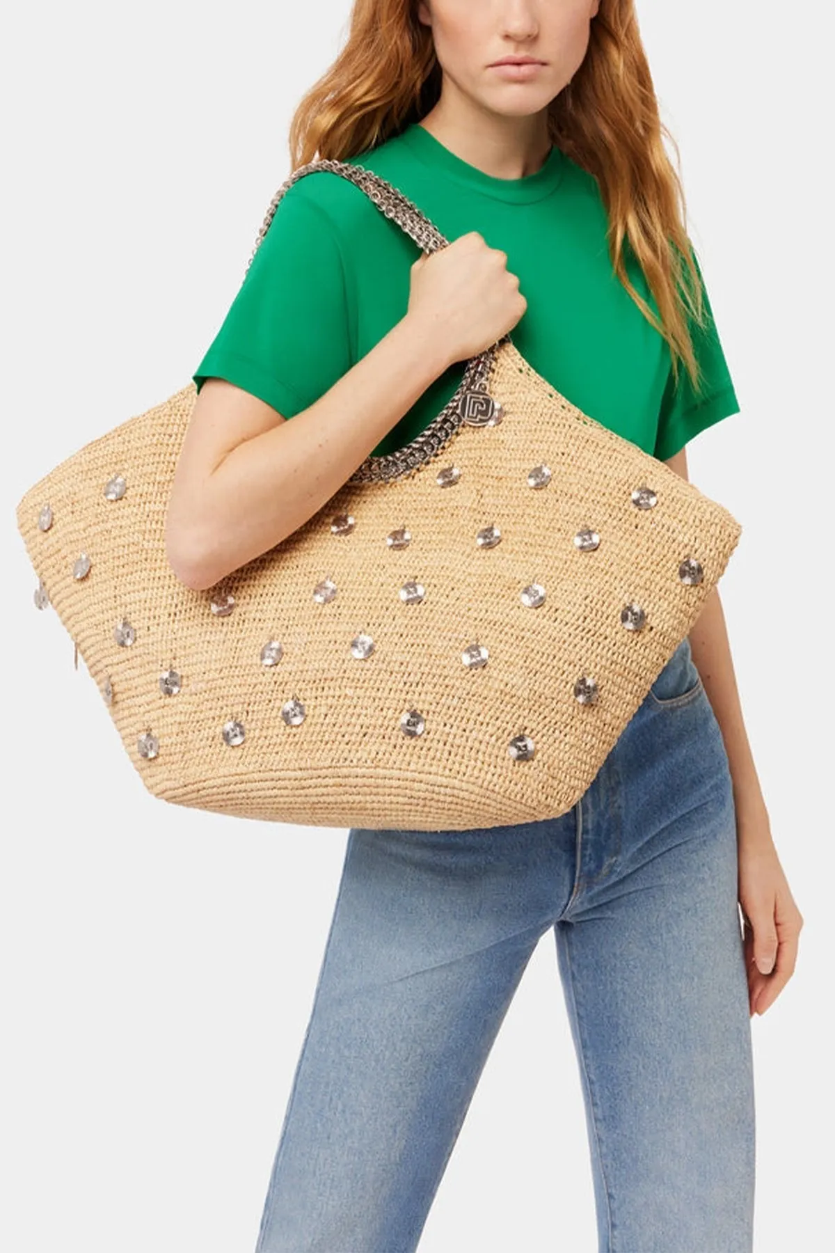 Large Embellished Raffia Tote Bag in Natural