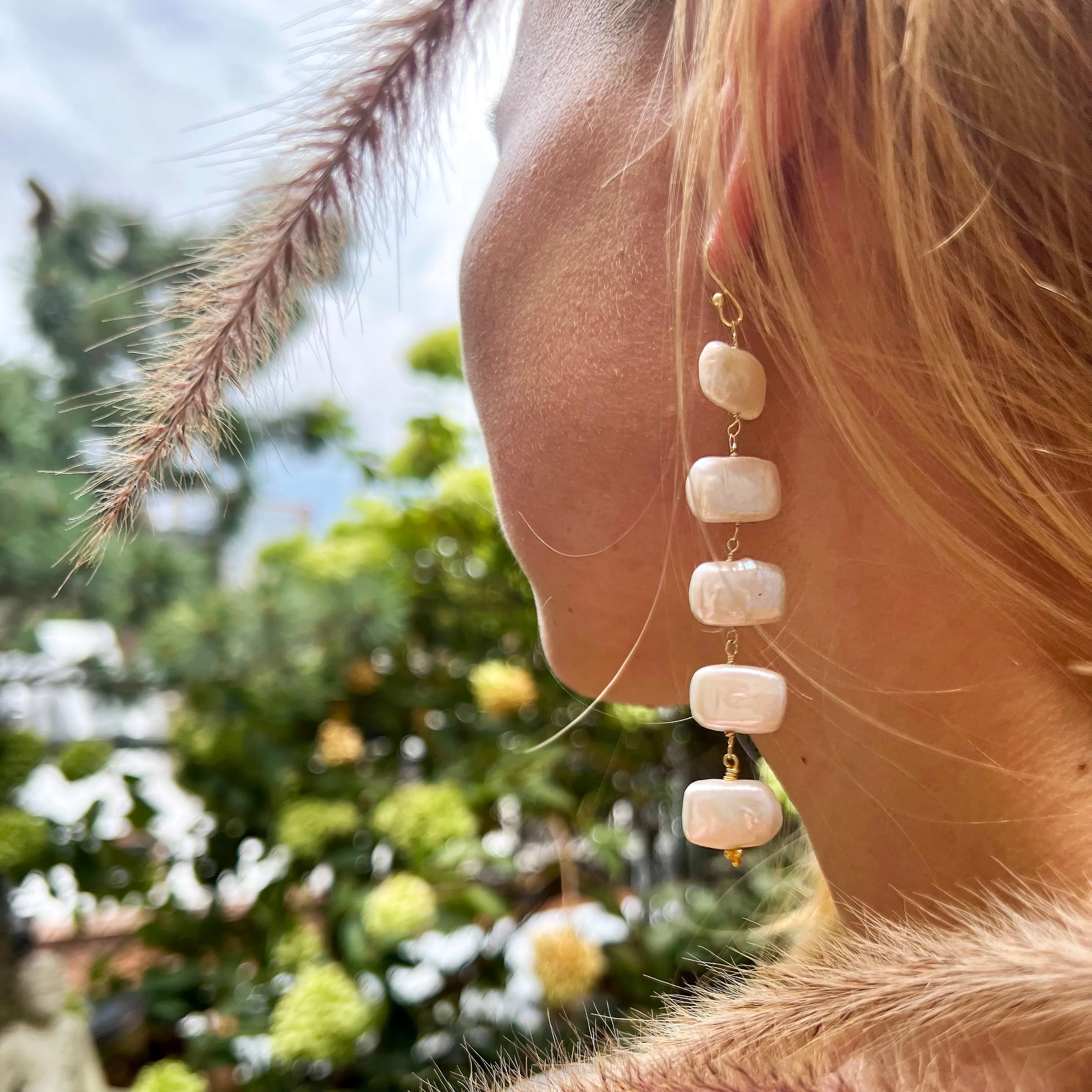 Long Rectangle Shape Freshwater Pearl Statement Earrings
