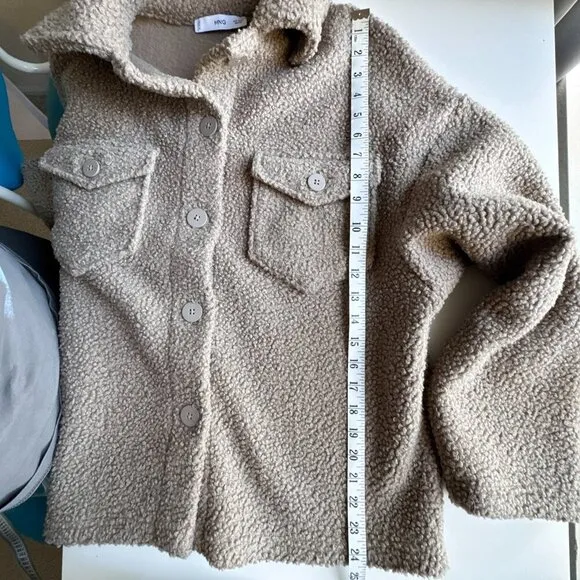 Mango Boucle Faux Shearling Collar Jacket with Pockets Womens Small Tan Brown