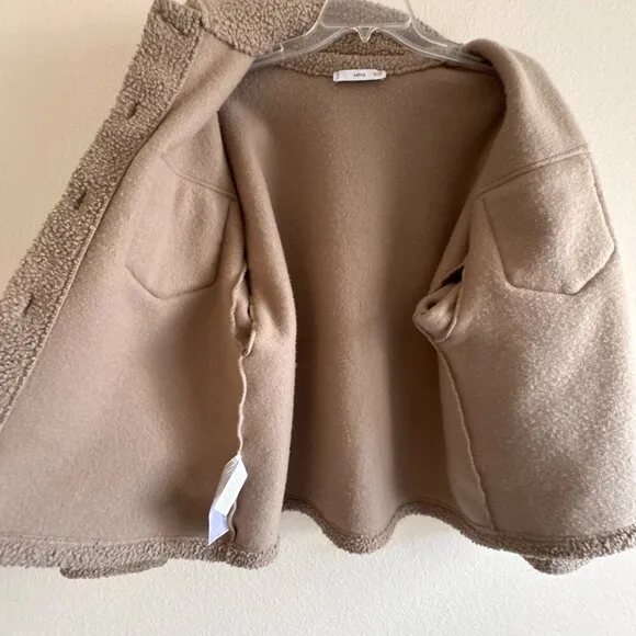 Mango Boucle Faux Shearling Collar Jacket with Pockets Womens Small Tan Brown