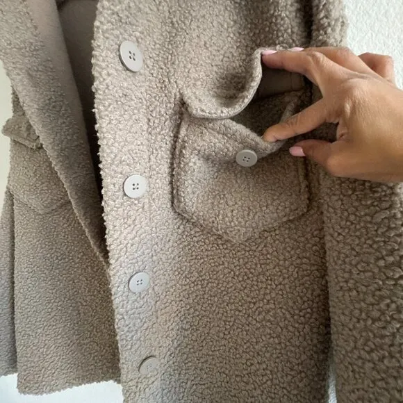 Mango Boucle Faux Shearling Collar Jacket with Pockets Womens Small Tan Brown