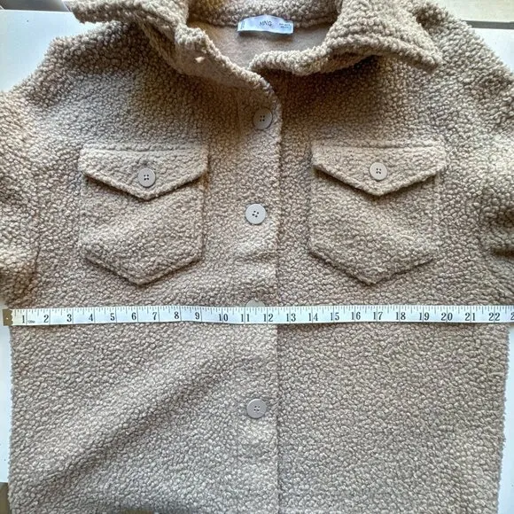 Mango Boucle Faux Shearling Collar Jacket with Pockets Womens Small Tan Brown