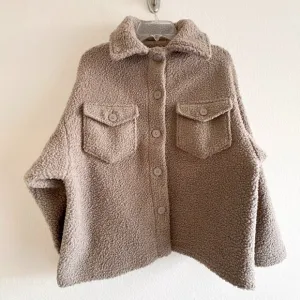 Mango Boucle Faux Shearling Collar Jacket with Pockets Womens Small Tan Brown