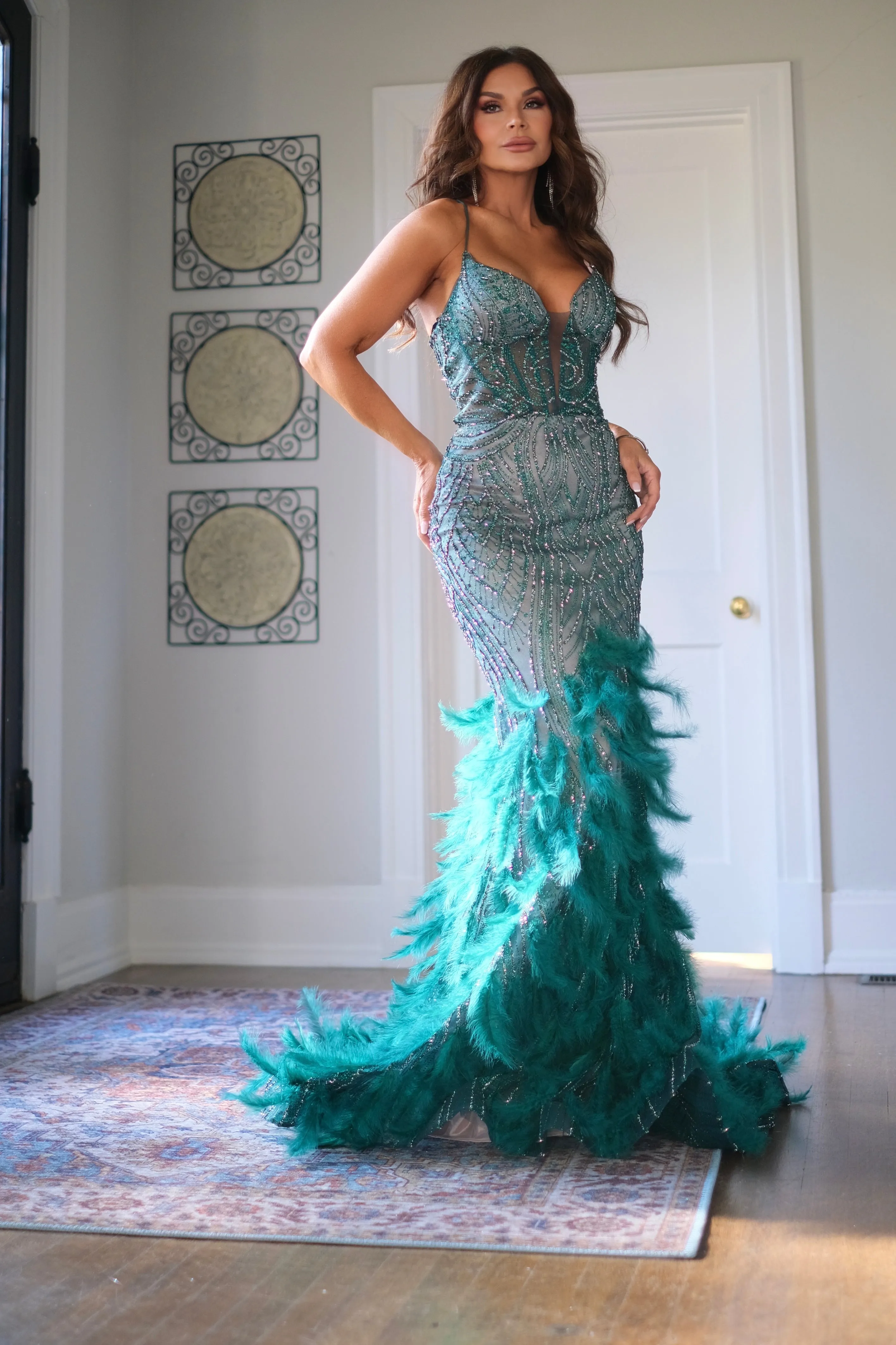 Marlo Emerald Green Mermaid Formal with Feather Detail
