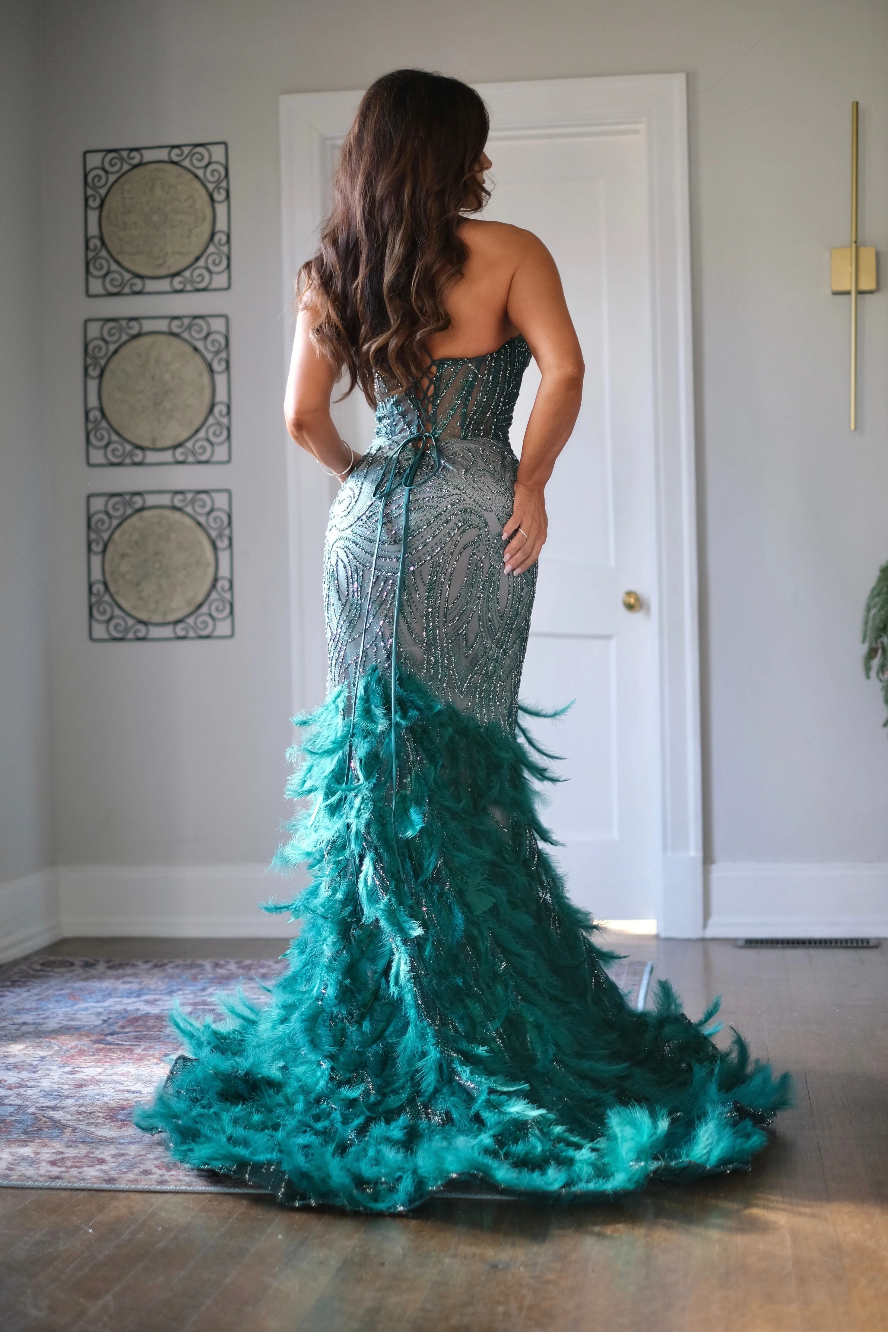 Marlo Emerald Green Mermaid Formal with Feather Detail