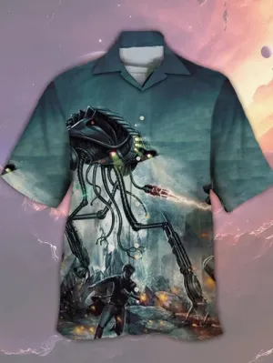Men's Trendy Robot Print Linen Cuban Collar Shirt
