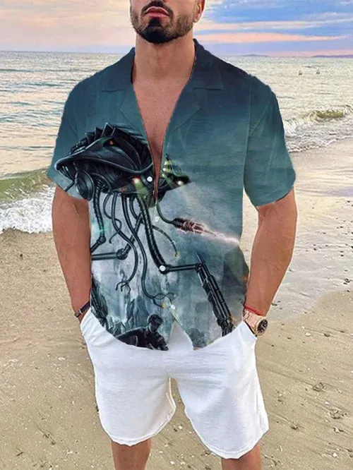 Men's Trendy Robot Print Linen Cuban Collar Shirt