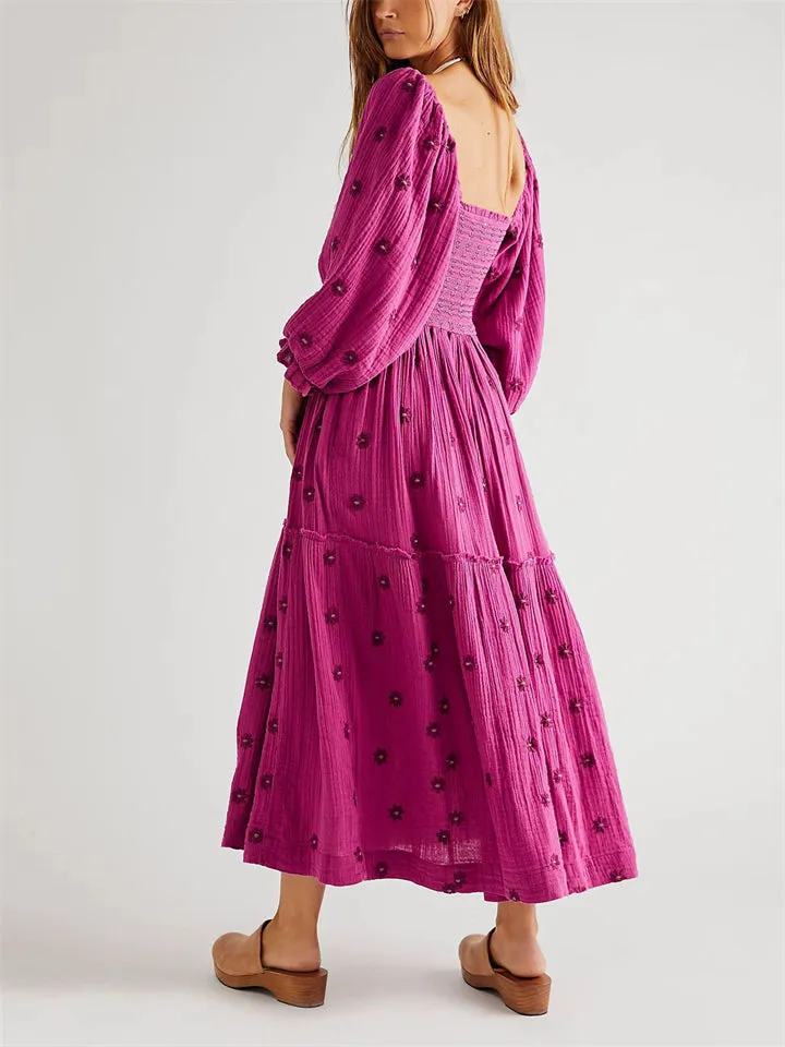 Mini Flower Embroidery Flowy Smocked Dress for Women
