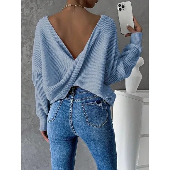 Minimalist Twist Back Drop Shoulder Boat Neck Sweater backless