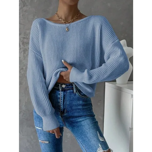 Minimalist Twist Back Drop Shoulder Boat Neck Sweater backless
