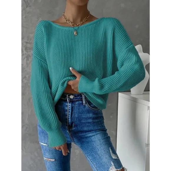 Minimalist Twist Back Drop Shoulder Boat Neck Sweater backless