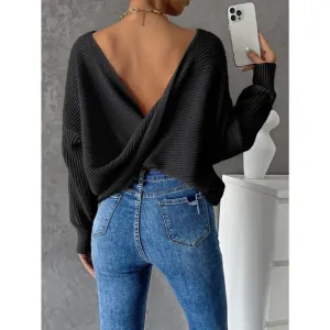 Minimalist Twist Back Drop Shoulder Boat Neck Sweater backless