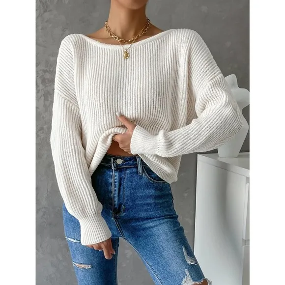 Minimalist Twist Back Drop Shoulder Boat Neck Sweater backless