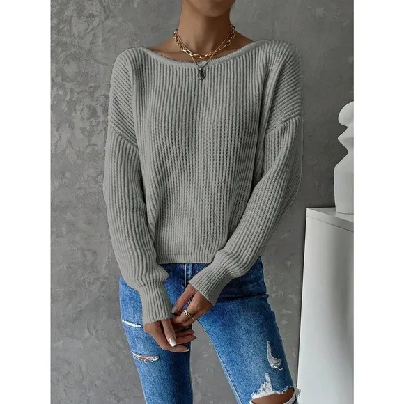 Minimalist Twist Back Drop Shoulder Boat Neck Sweater backless
