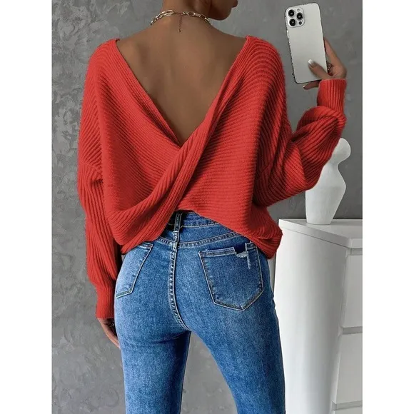 Minimalist Twist Back Drop Shoulder Boat Neck Sweater backless