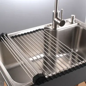 Multipurpose Dish Drying Rack, Stainless Steel Over The Sink Rollup Dish Drying Rack, Dark Blue 17"W X 18.5"L
