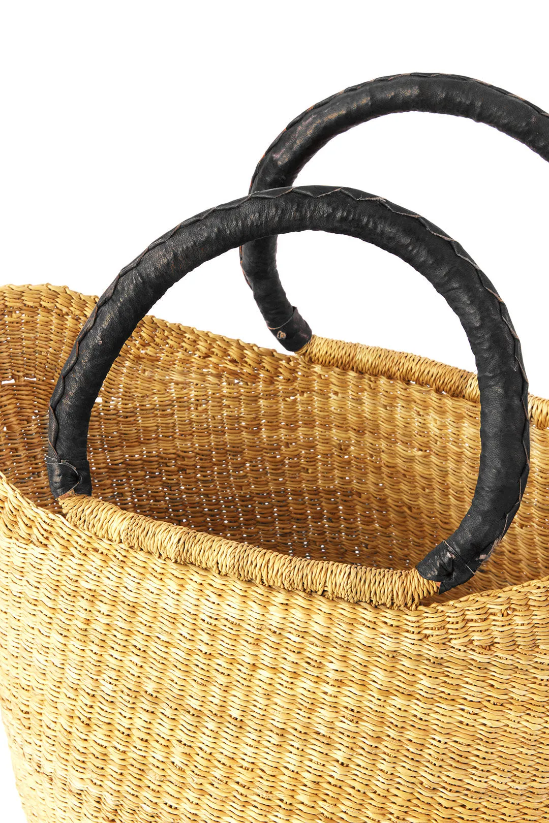 Natural Ghanaian Wing Shopper with Black Leather Handles
