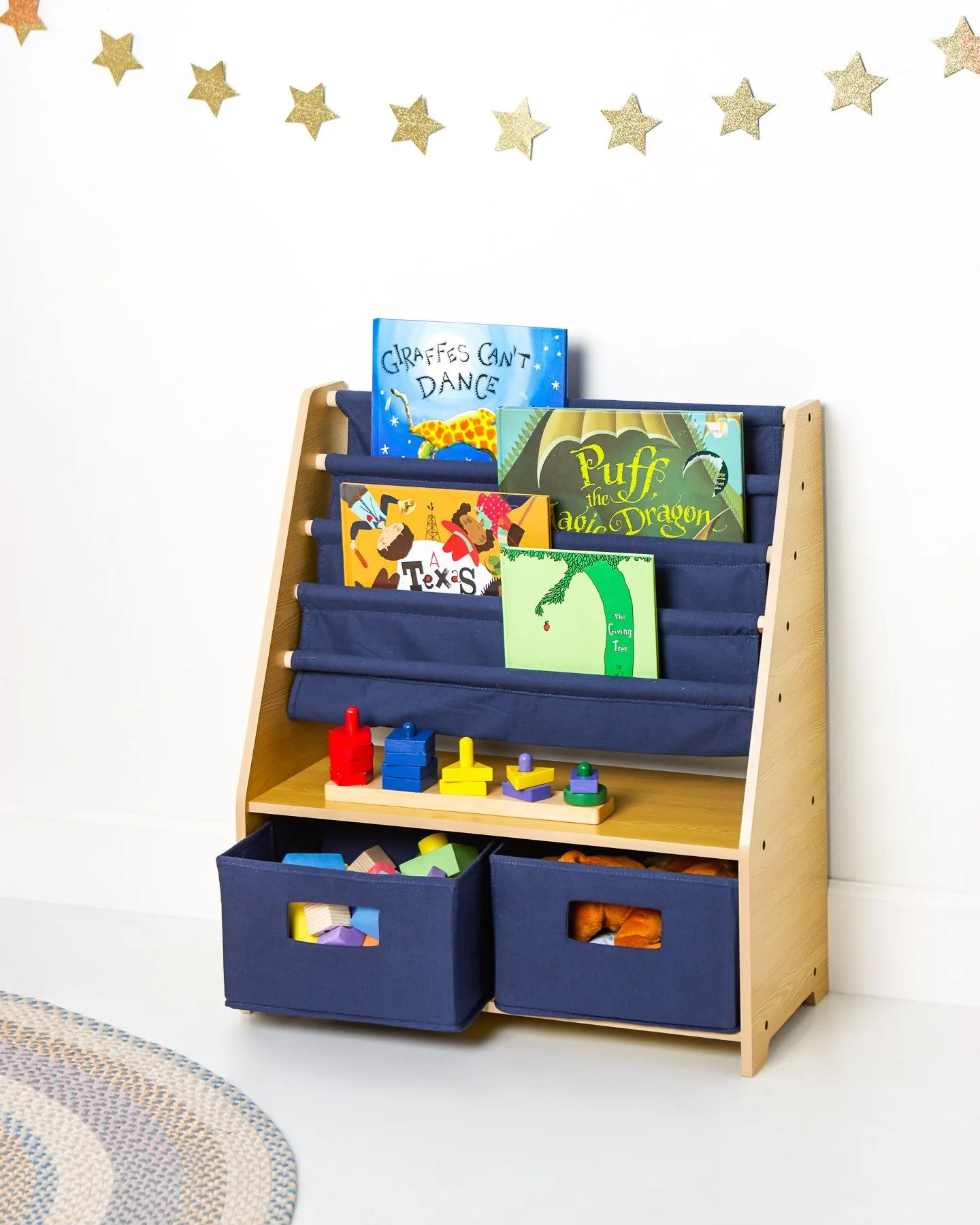 Natural Sling Bookshelf with Storage Totes