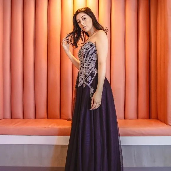 Navy Blue and Silver Formal Evening Prom Dress Gown