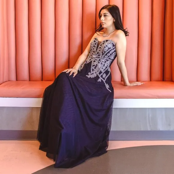 Navy Blue and Silver Formal Evening Prom Dress Gown