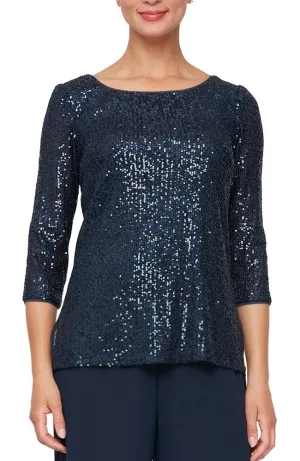 Navy Sequin 3/4 Sleeve Blouse with Side Slit Detail