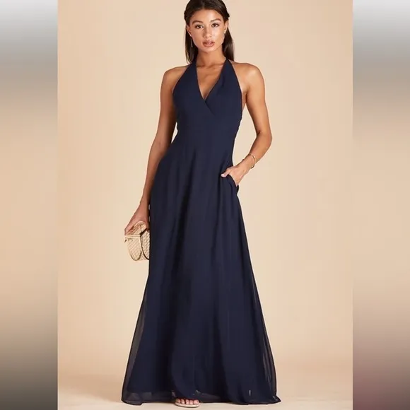 NWT Birdy Grey Moni Chiffon Convertible Bridesmaid Dress in Navy, Small, pockets