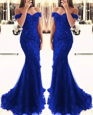Off Shoulder Lace V-Neck Royal Blue Mermaid Prom Dresses     fg2036