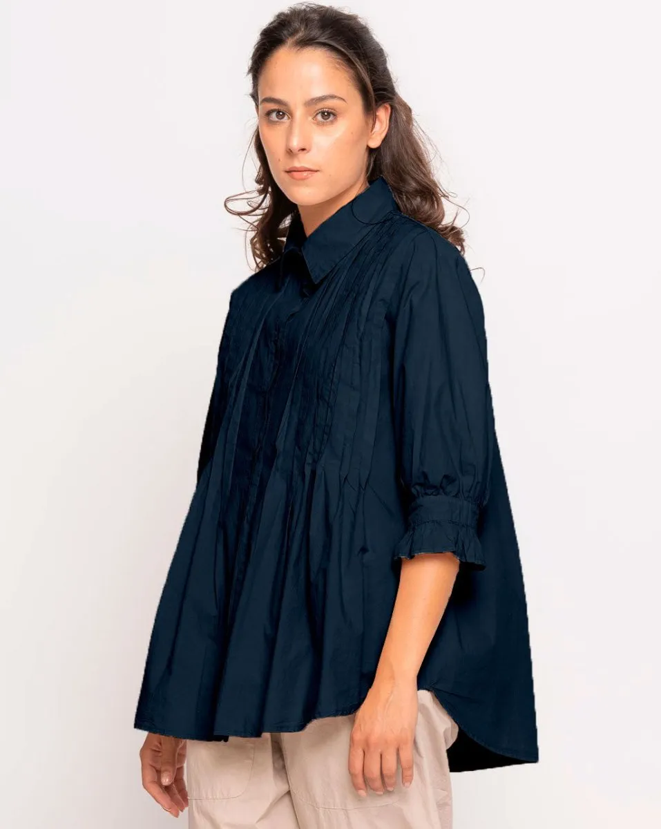 Organic Crinkle Smocked Collar Button-Up Shirt