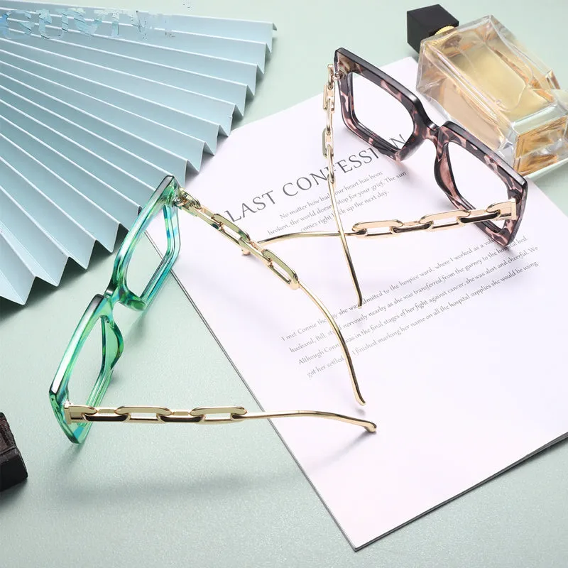 Oversize Square Anti Blue Light Glasses Punk Hollow Chain Arm Clear Lens Computer Glasses Black Leopard Jelly Blue Frame Eyewear