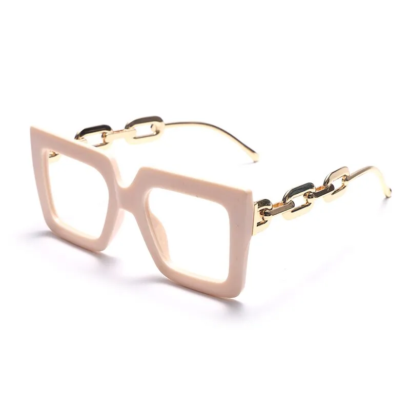 Oversize Square Anti Blue Light Glasses Punk Hollow Chain Arm Clear Lens Computer Glasses Black Leopard Jelly Blue Frame Eyewear