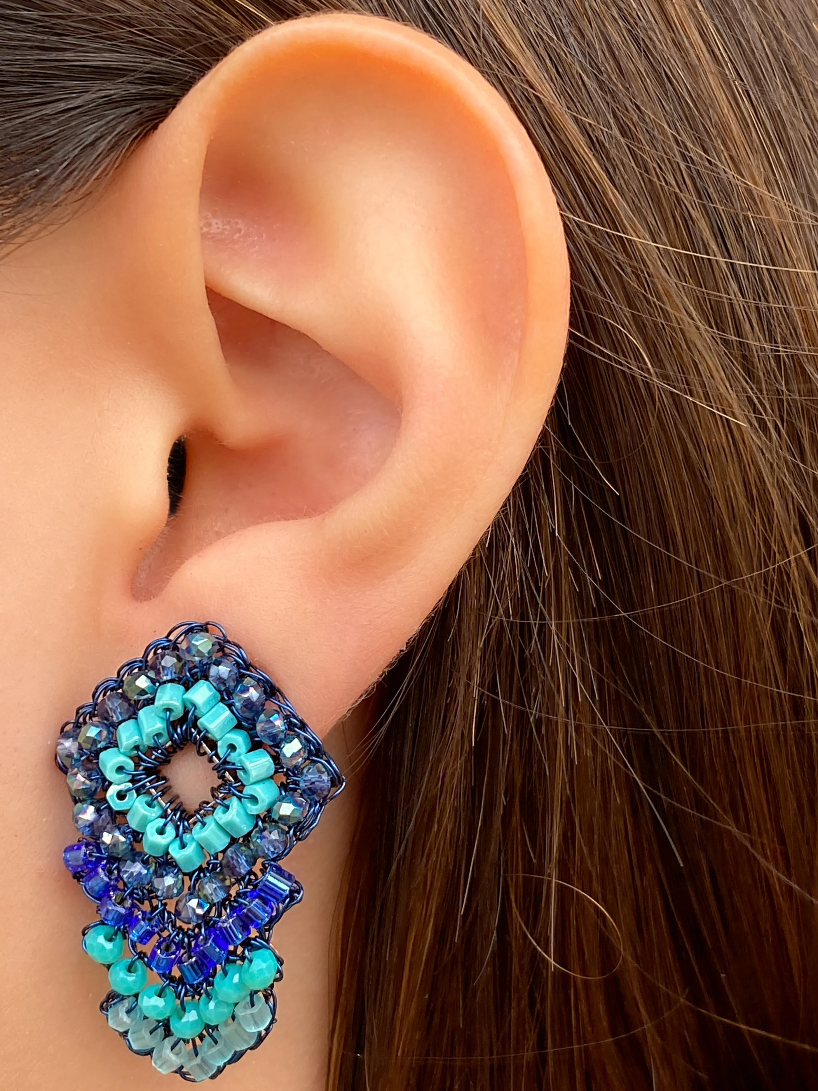 Par Arete Triple Rombo Azul y Turquesa