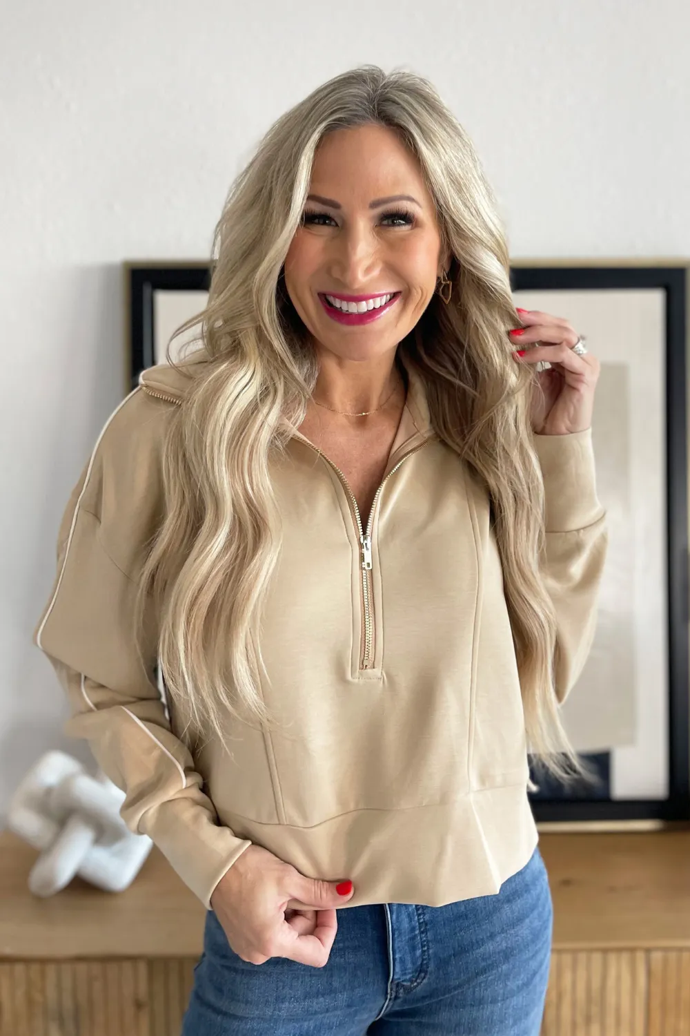 Piped Detail Pullover Zippered Sweater