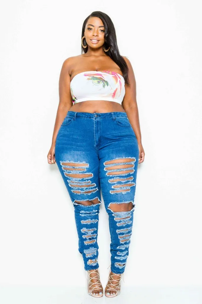 Plus Size Razor Trendy Distressed Skinny Jeans