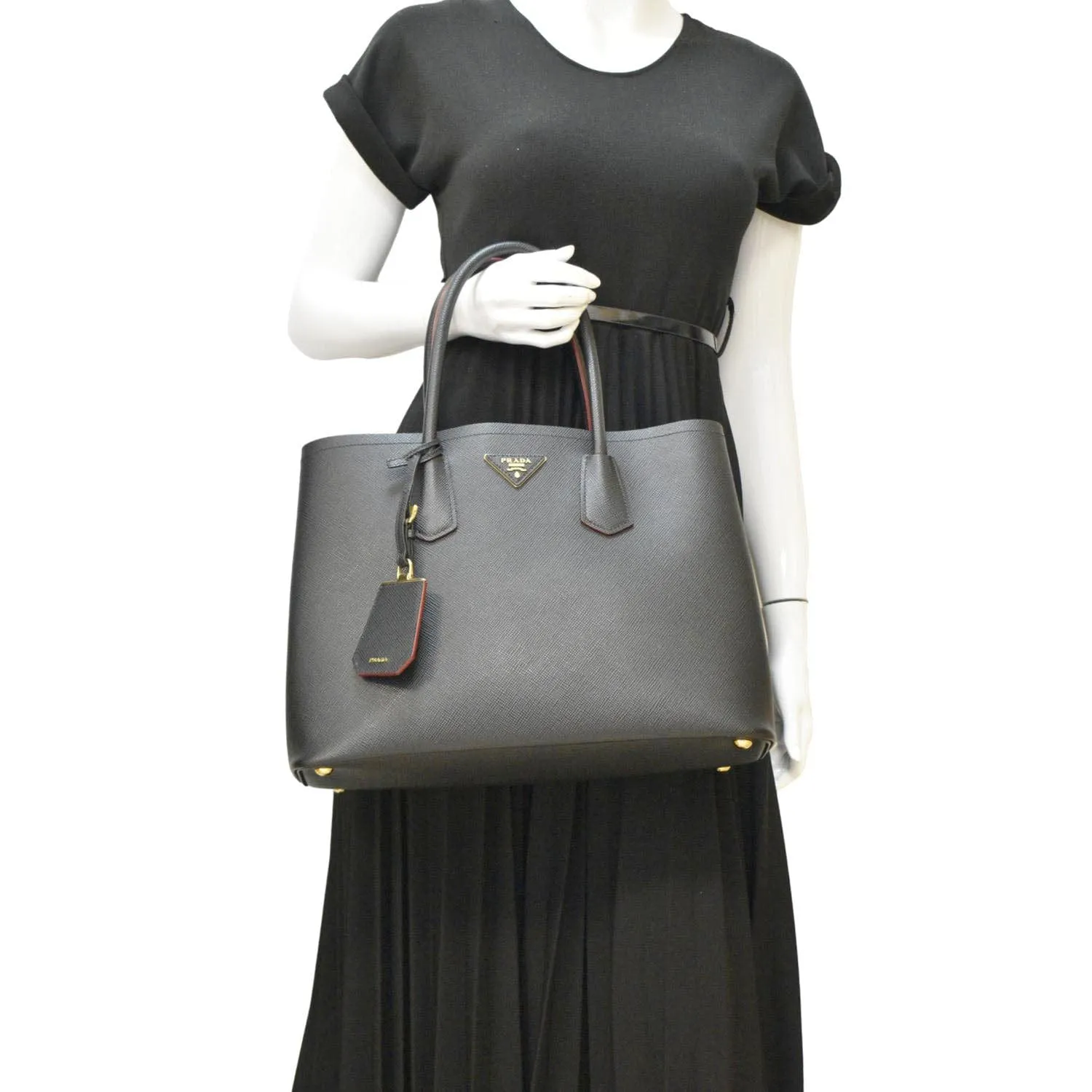 PRADA Double Handle Saffiano Leather Tote Bag Black