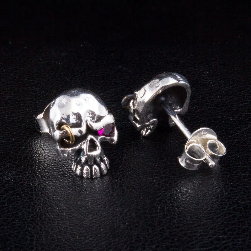 Red Eye Punk Skull Sterling Silver Stud Earrings